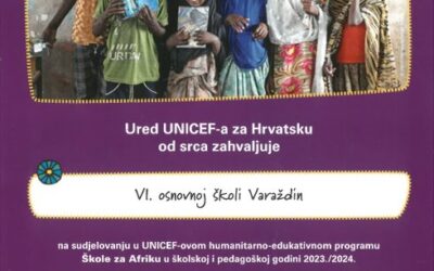 Zahvalnica za sudjelovanje u UNICEF-ovom humanitarno-edukativnom programu Škole za Afriku